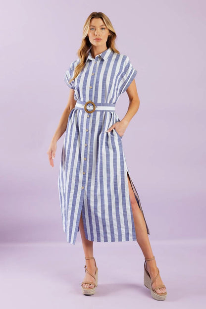 STRIPE COLLARED WOVEN MIDI DRESS