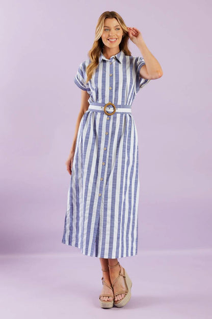 STRIPE COLLARED WOVEN MIDI DRESS