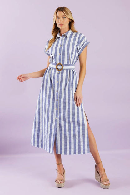 STRIPE COLLARED WOVEN MIDI DRESS