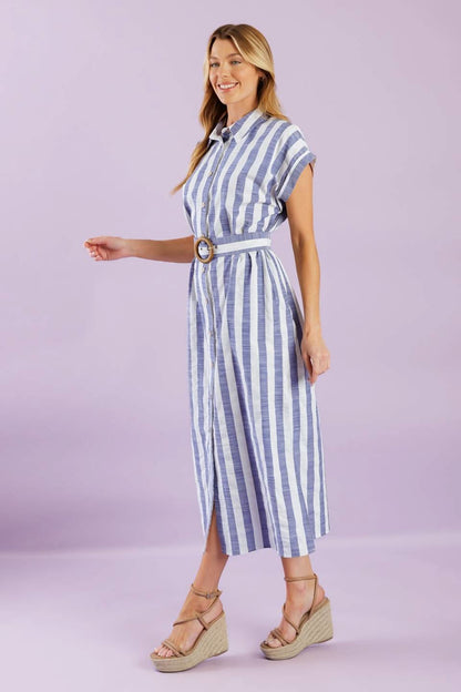 STRIPE COLLARED WOVEN MIDI DRESS