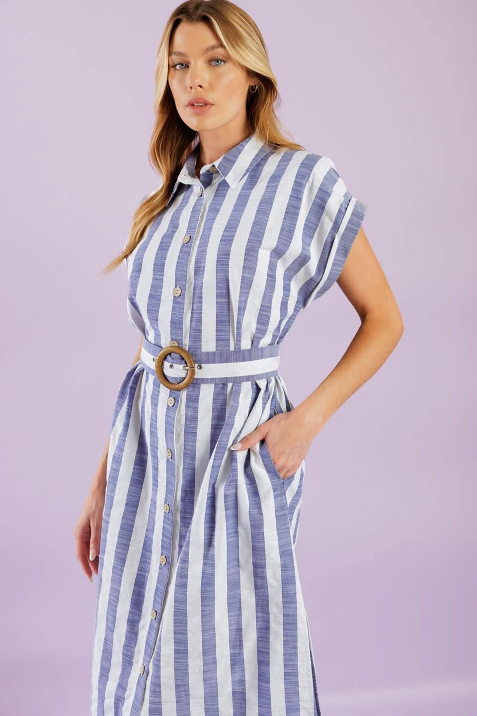 STRIPE COLLARED WOVEN MIDI DRESS