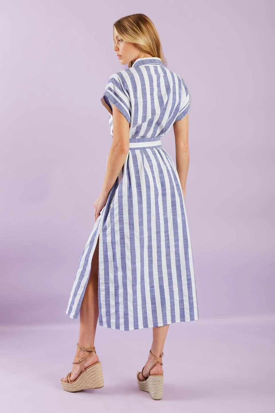 STRIPE COLLARED WOVEN MIDI DRESS