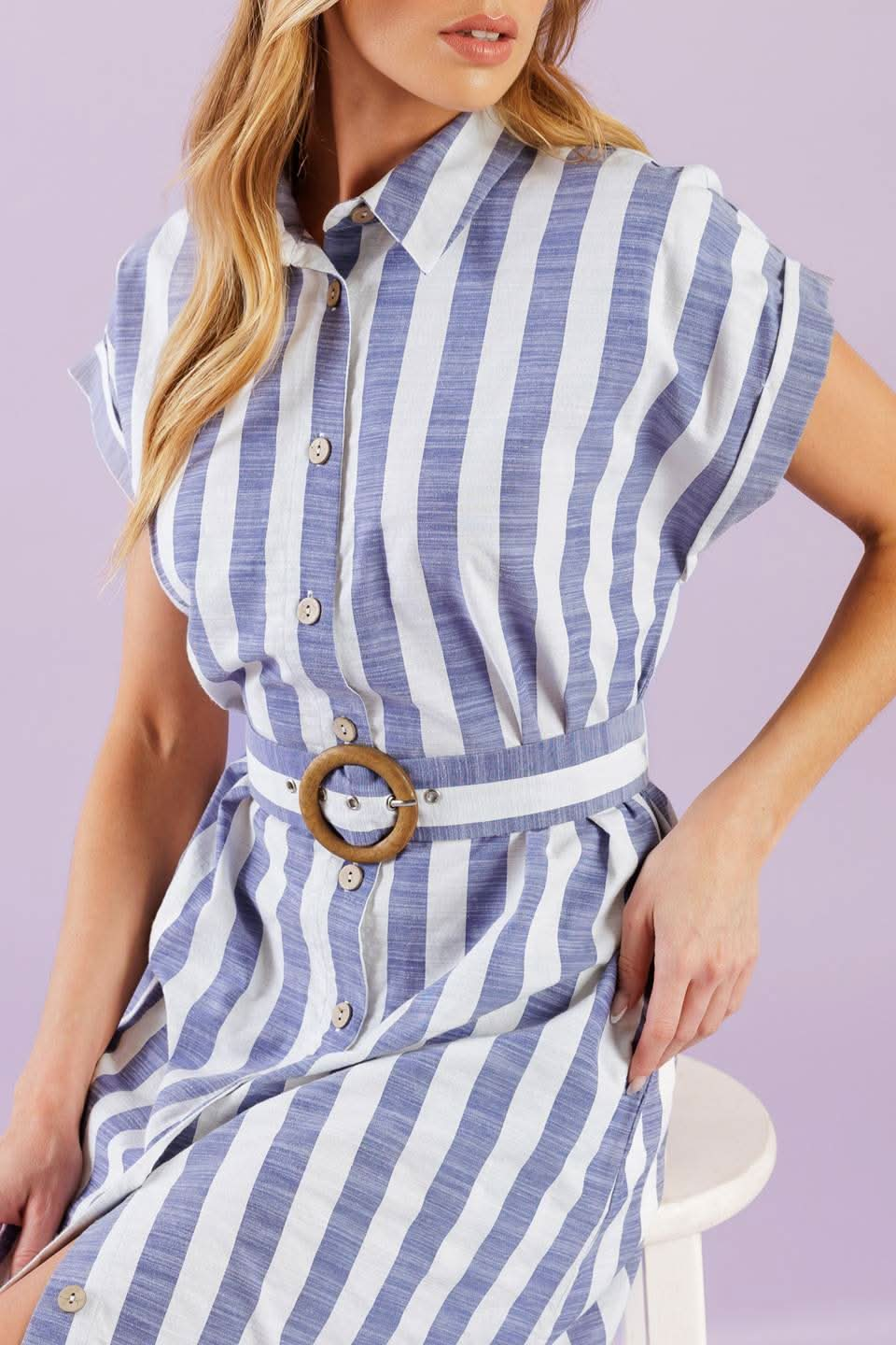 STRIPE COLLARED WOVEN MIDI DRESS