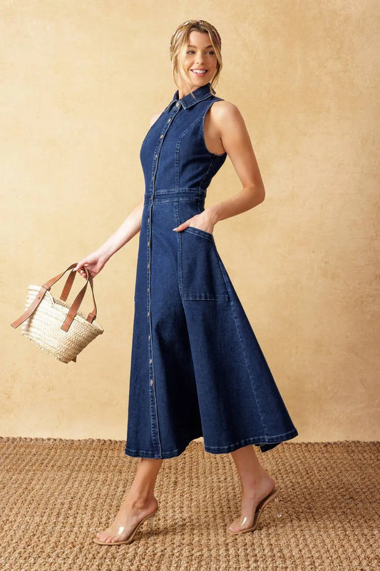 Cool Girl Washed Denim Midi Dress With Collar Button Down Sleeveless A Line Flying Tomato