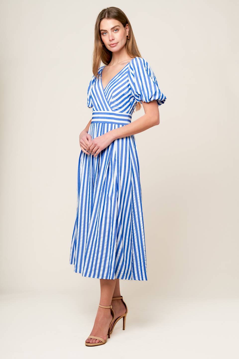 SUNSET STEPS BLUE WOVEN MIDI DRESS Flying Tomato