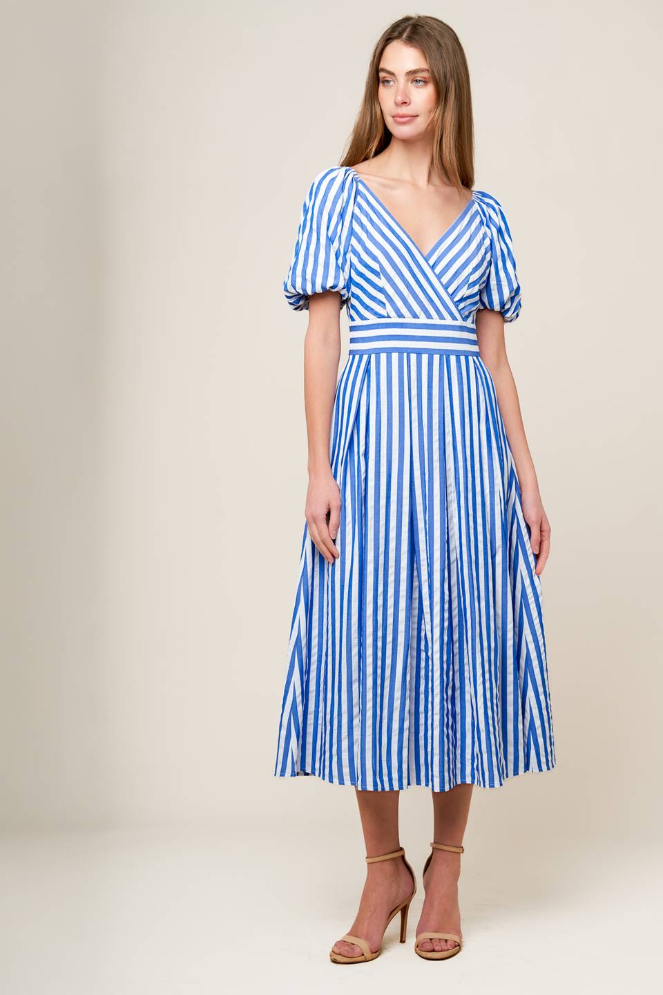 SUNSET STEPS BLUE WOVEN MIDI DRESS Flying Tomato