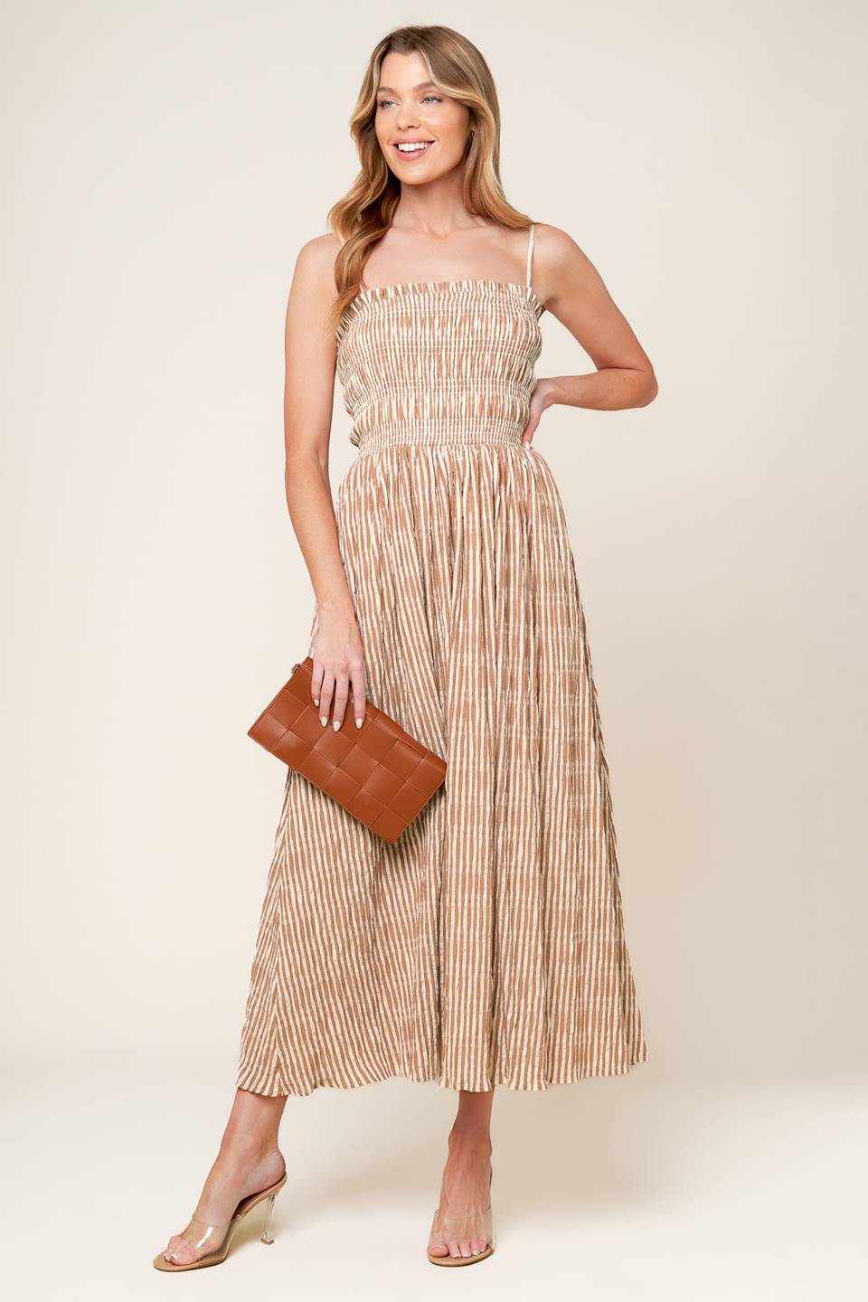 VALHALLA BROWN STRIPED WOVEN MIDI DRESS Flying Tomato