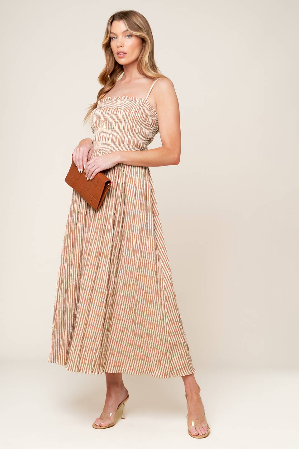 VALHALLA BROWN STRIPED WOVEN MIDI DRESS Flying Tomato