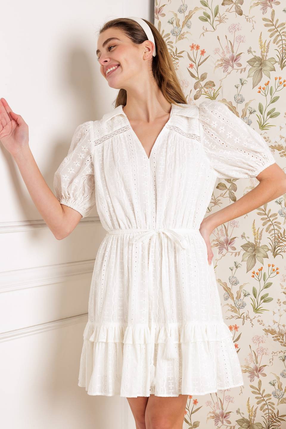 STARLIGHT SOIREE WOVEN EYELET MINI DRESS Flying Tomato