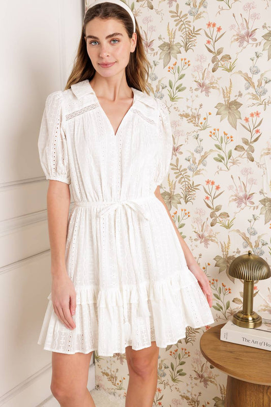 STARLIGHT SOIREE WOVEN EYELET MINI DRESS Flying Tomato