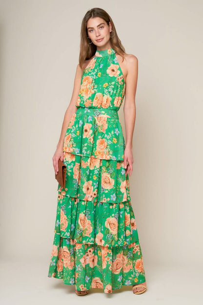 FLORAL WOVEN HALTER MAXI DRESS