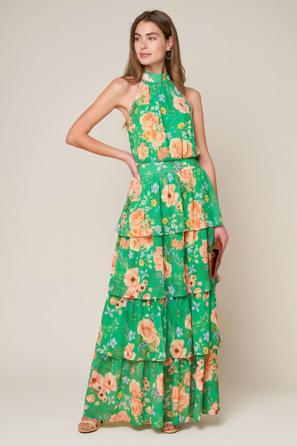 FLORAL WOVEN HALTER MAXI DRESS