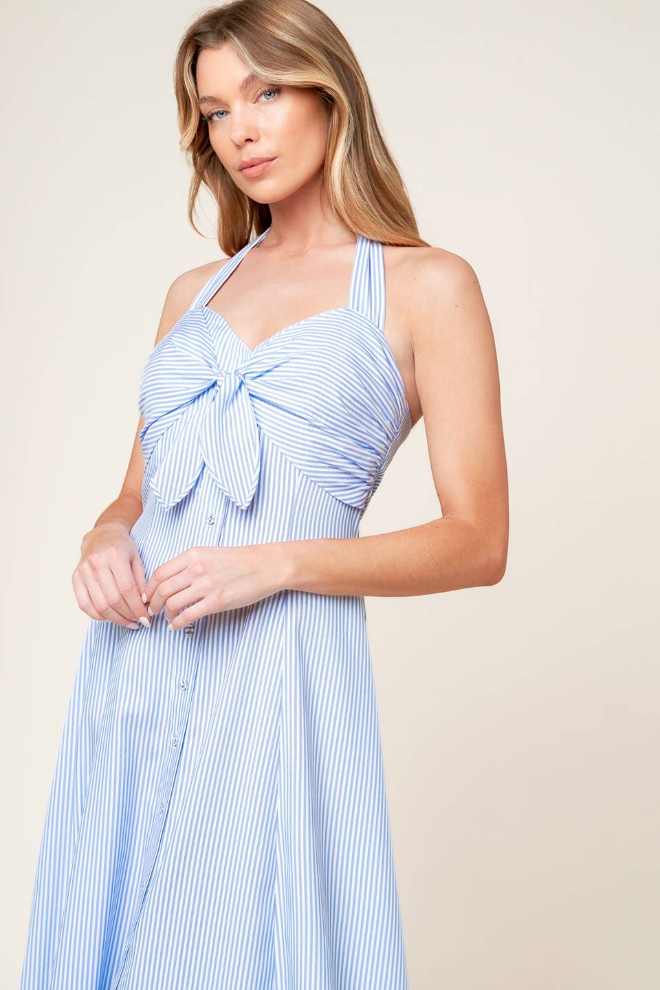 LOVE IN YOUR EYES STRIPED WOVEN MIDI DRESS