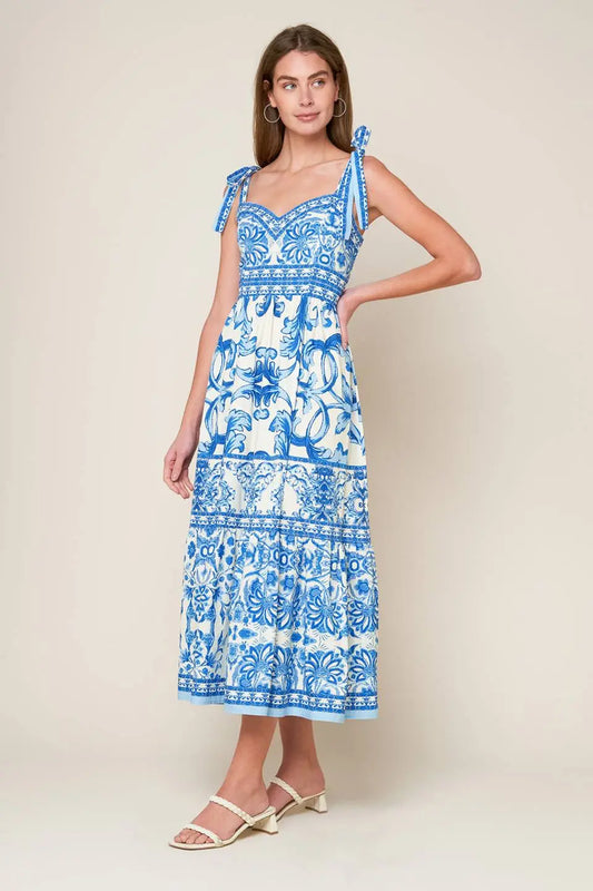 The Garden's Secret Woven Midi Dress With Sweetheart Neckline And Shoulder Ties Flying Tomato
