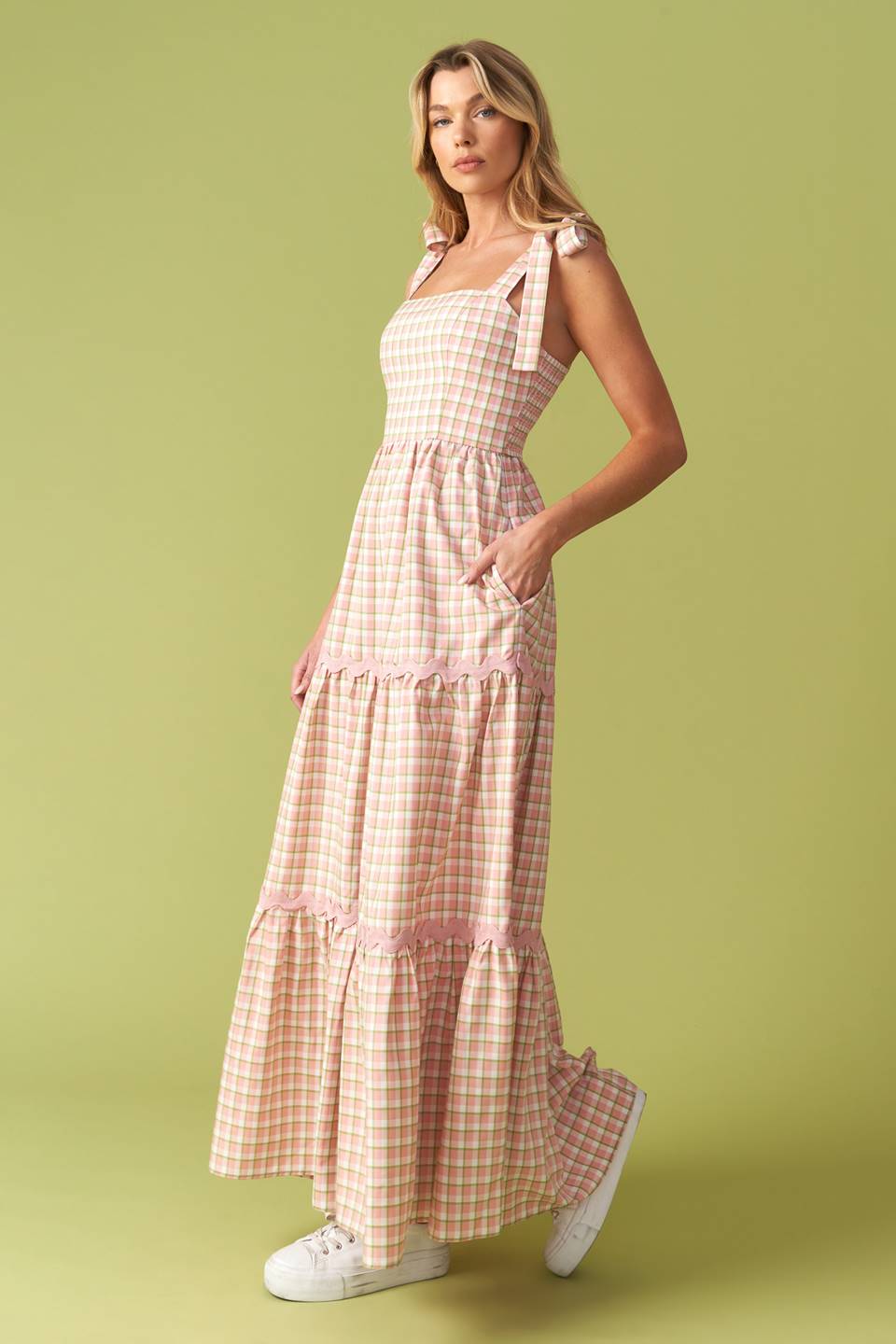 IMAGINE THAT GREEN PINK PLAID MIDI DRESS Flying Tomato