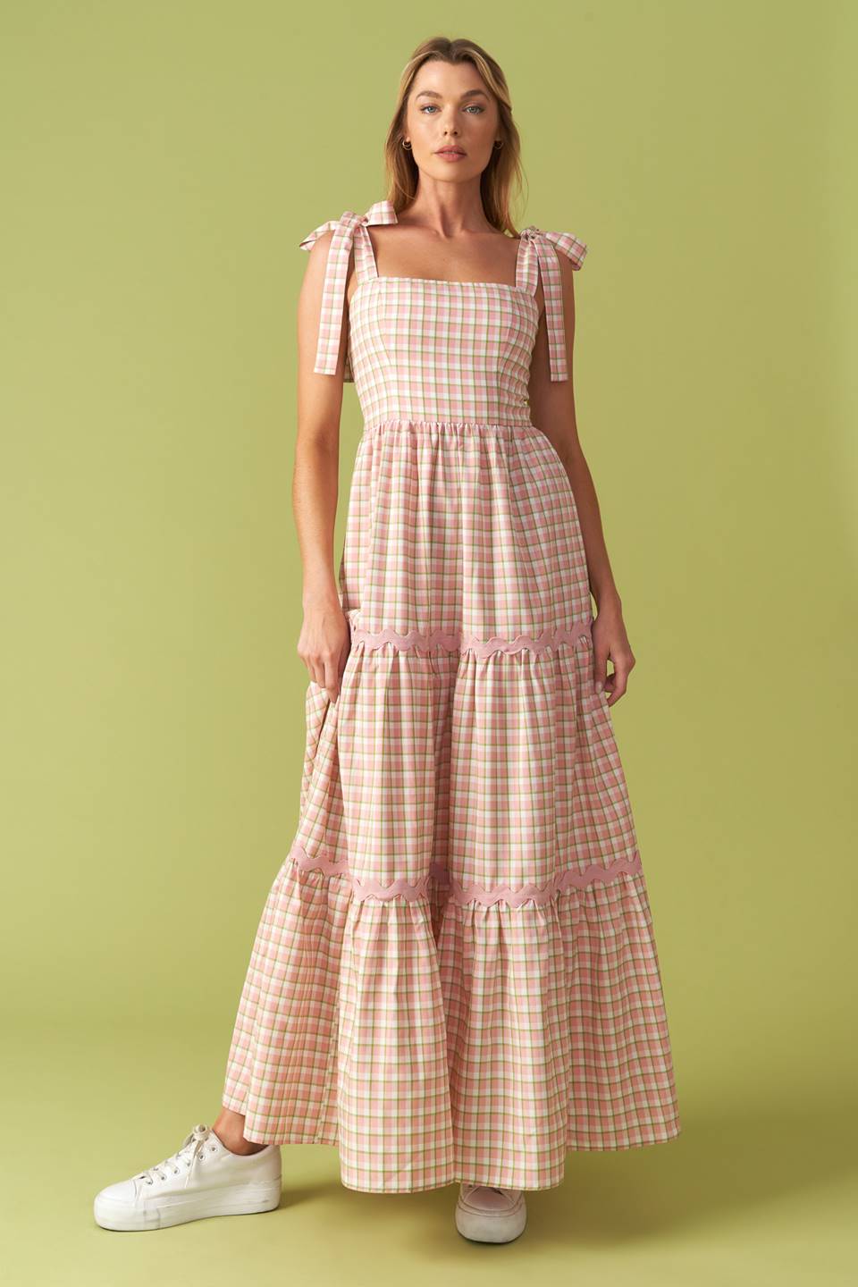 IMAGINE THAT GREEN PINK PLAID MIDI DRESS Flying Tomato