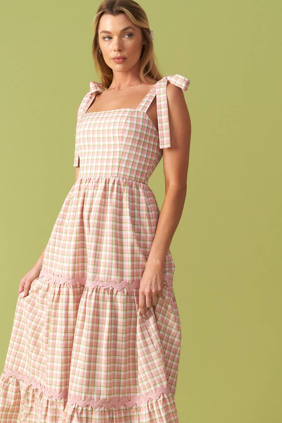 IMAGINE THAT GREEN PINK PLAID MIDI DRESS Flying Tomato
