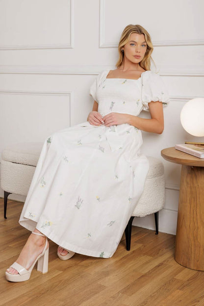 EMBROIDERED SQUARE NECK MIDI DRESS