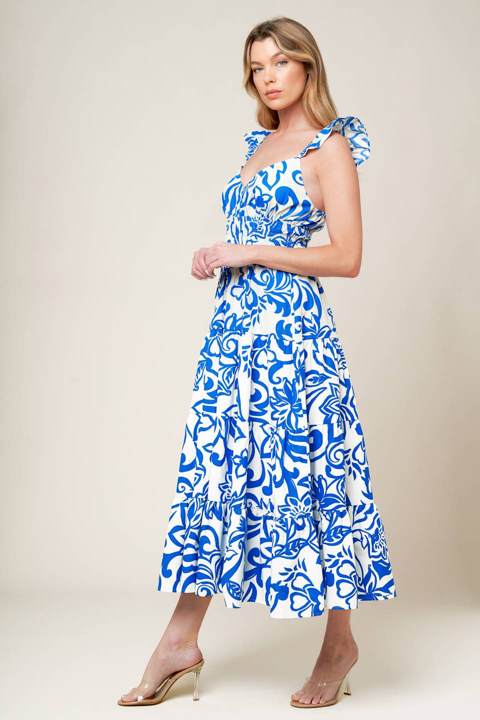MEMORABLE ENTRANCE BLUE WOVEN MDI DRESS Flying Tomato