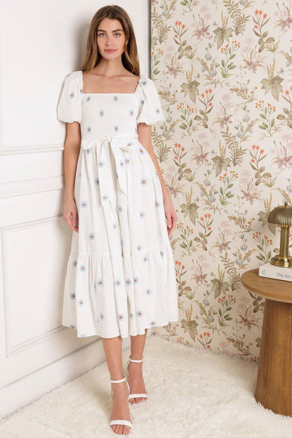 EMBROIDERED LAGOON LUXURY MIDI DRESS