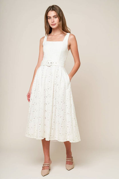 LACE DREAMS MIDI DRESS WITH SELF BELT