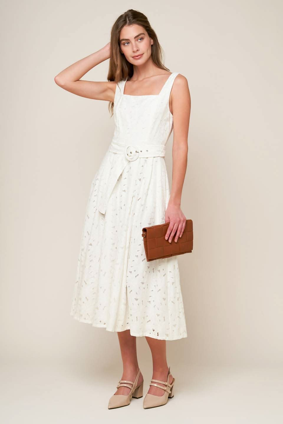 LACE DREAMS MIDI DRESS WITH SELF BELT