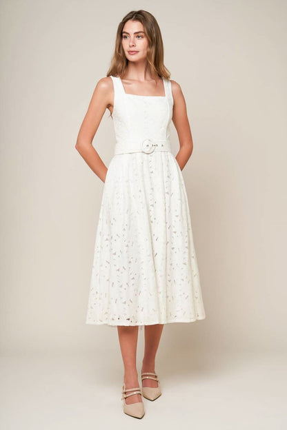 LACE DREAMS MIDI DRESS WITH SELF BELT