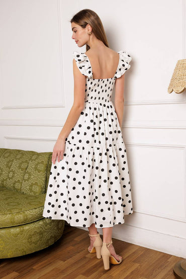 Trip To The Shore Woven Midi Dress With V Neckline Ruffled Sleeves And Pleated Bodice