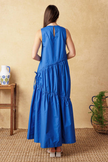 CHERISHED MOMENTS BLUE MIDI WOVEN DRESS