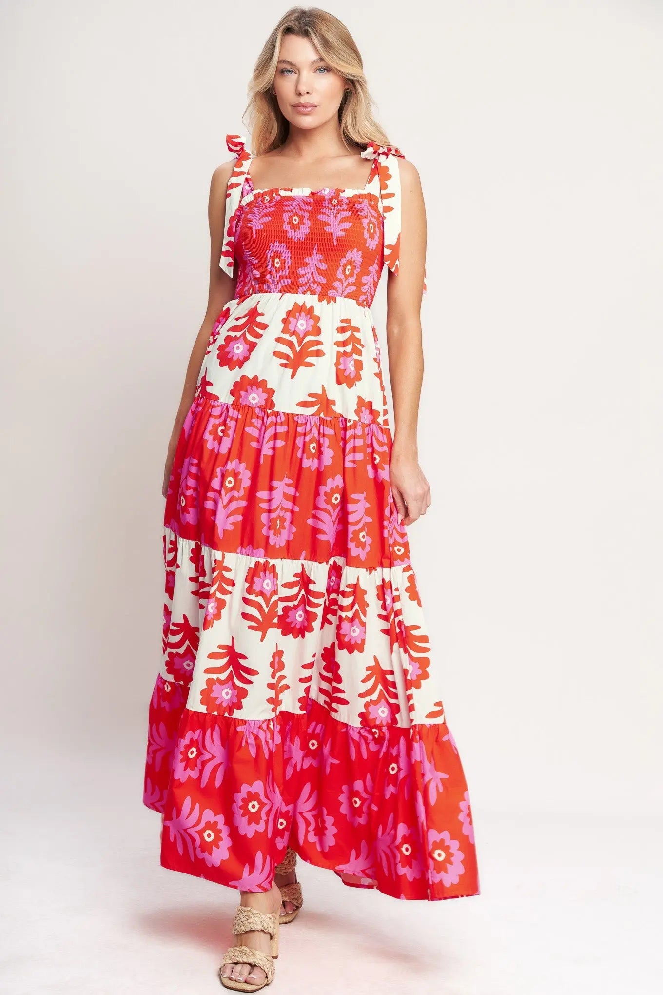 Glamour In Motion Printed Woven Maxi Dress With Smocked Bodice Flying Tomato