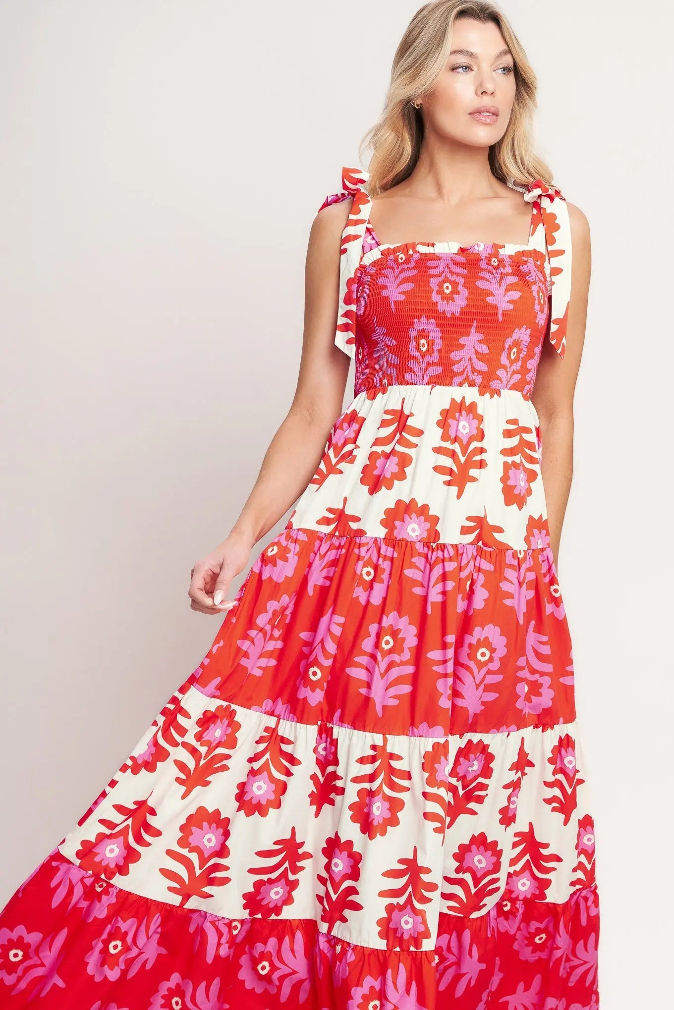 Glamour In Motion Printed Woven Maxi Dress With Smocked Bodice Flying Tomato