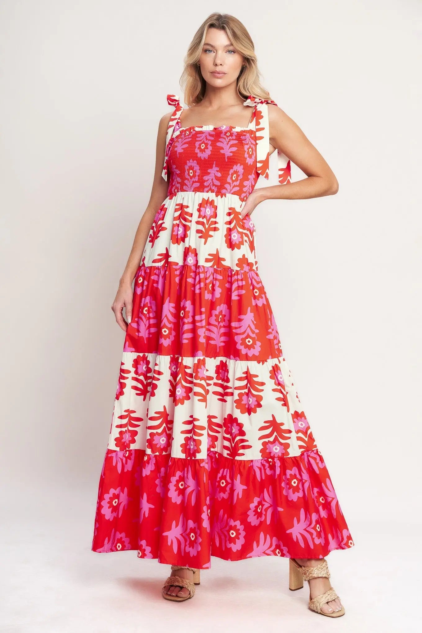 Glamour In Motion Printed Woven Maxi Dress With Smocked Bodice Flying Tomato