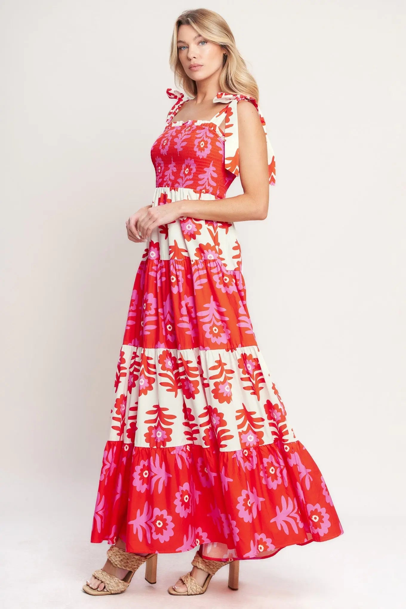 Glamour In Motion Printed Woven Maxi Dress With Smocked Bodice Flying Tomato