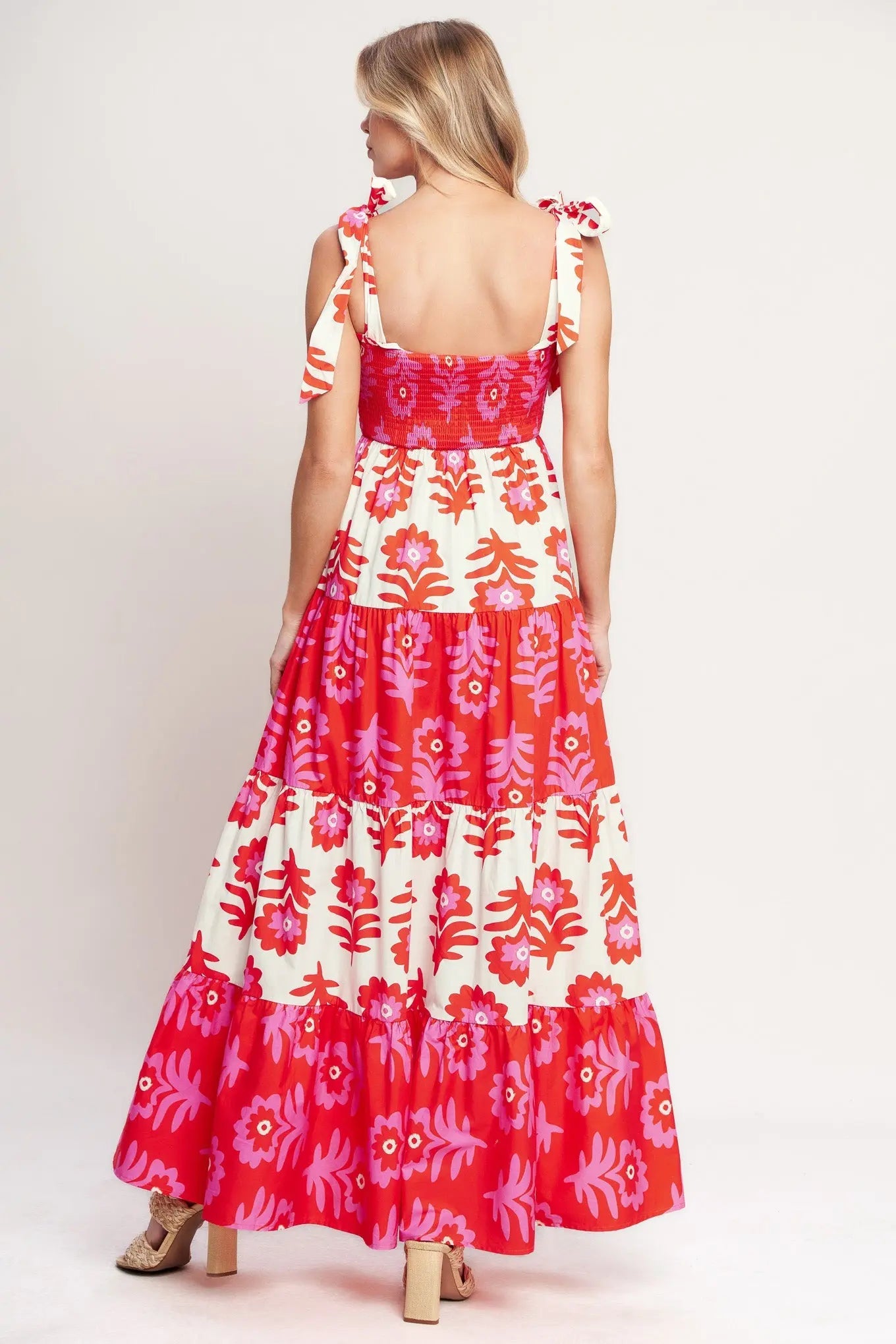 Glamour In Motion Printed Woven Maxi Dress With Smocked Bodice Flying Tomato