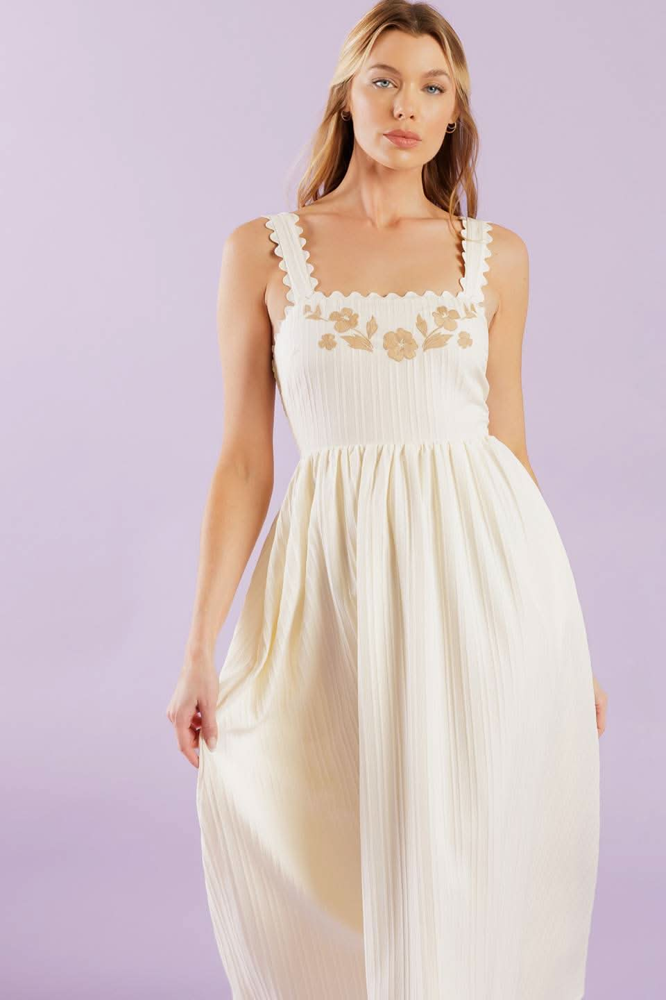 Chic Embroidered Midi Dress with Smocked Back