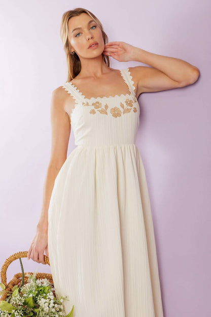 Chic Embroidered Midi Dress with Smocked Back