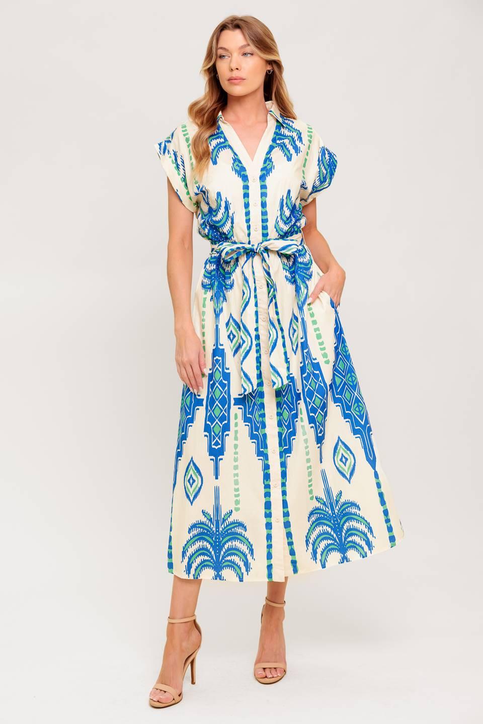 Flying Tomato SOFTLY SPOKEN BLUE WOVEN MIDI DRESS, full front view, showcasing its elegant woven fabric and flattering midi l