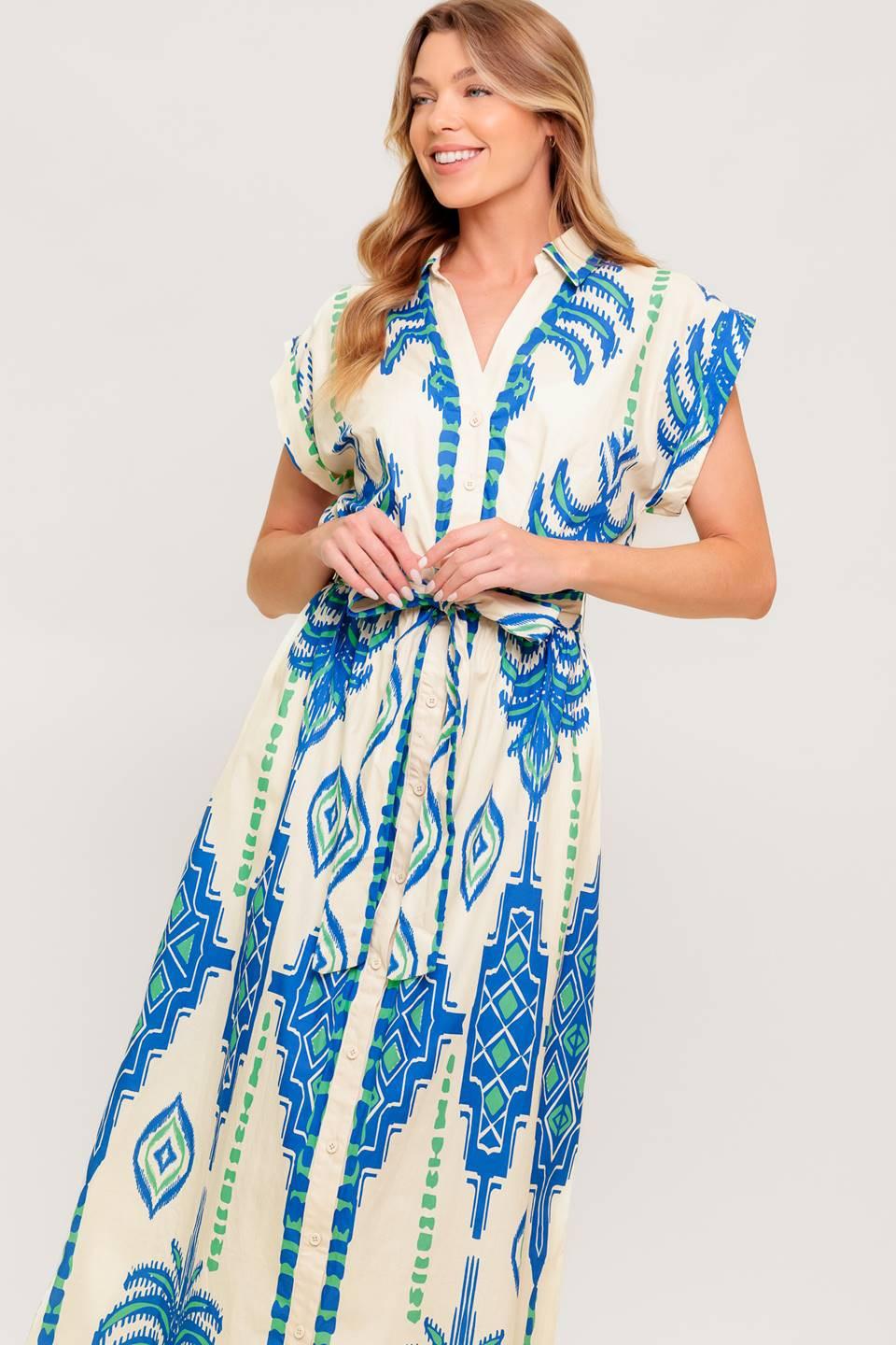 Flying Tomato SOFTLY SPOKEN BLUE WOVEN MIDI DRESS, side profile, highlighting the flowing silhouette and intricate blue woven