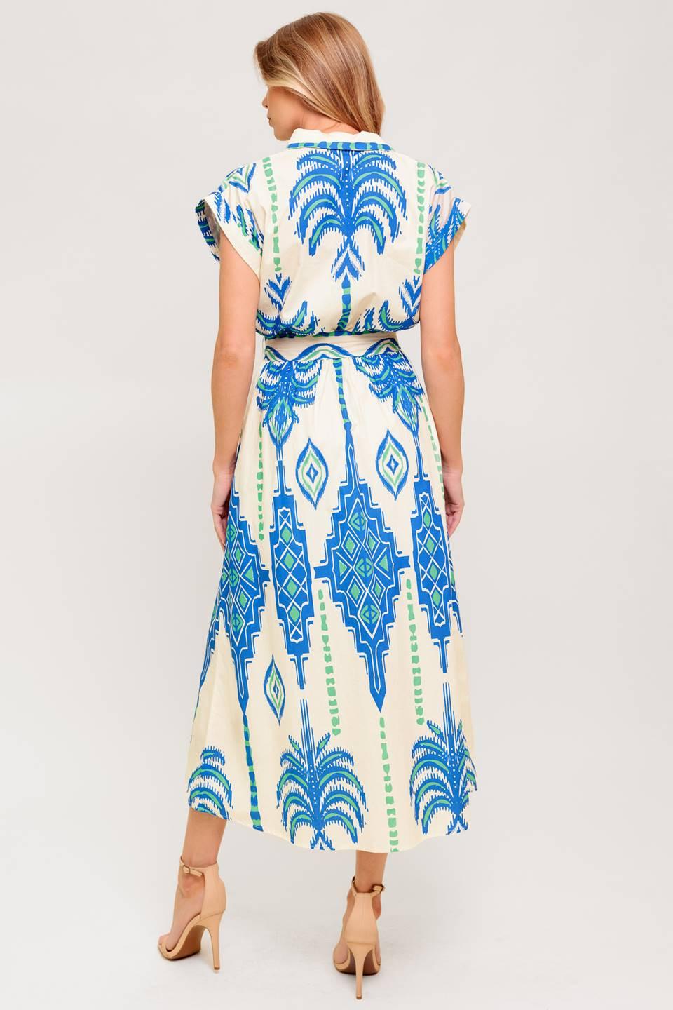 Flying Tomato SOFTLY SPOKEN BLUE WOVEN MIDI DRESS, styled for a casual outing, illustrating its versatility and comfort.