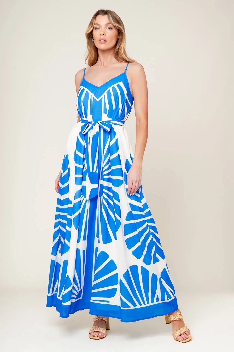 Blue Printed Woven Maxi Dress With Cami Top And Self Tie Sash Flying Tomato