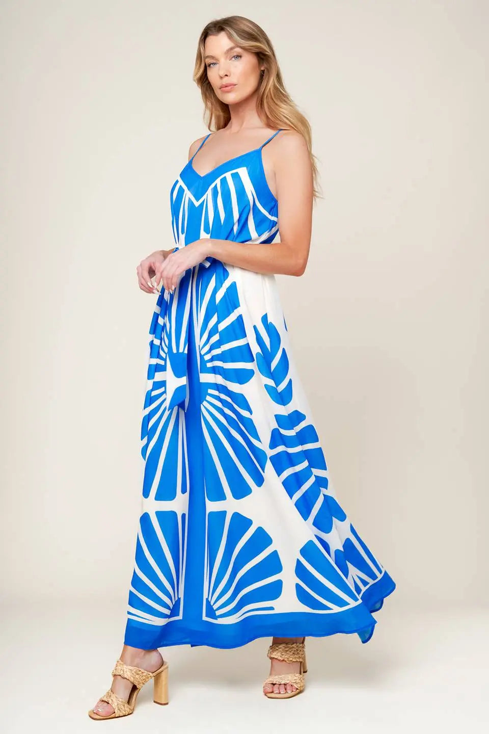 Blue Printed Woven Maxi Dress With Cami Top And Self Tie Sash Flying Tomato
