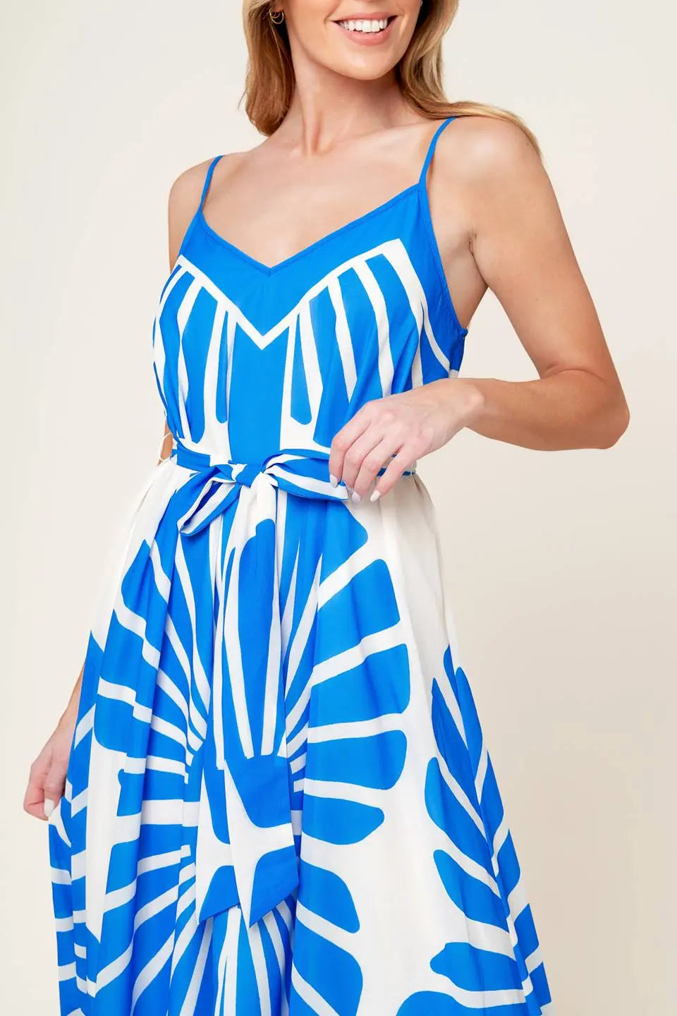 Blue Printed Woven Maxi Dress With Cami Top And Self Tie Sash Flying Tomato