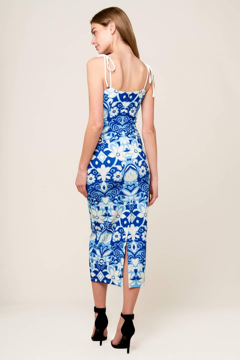 Flying Tomato IN THE COUNTRYSIDE WOVEN MIDI DRESS, showcasing the intricate woven fabric texture and delicate details of the 