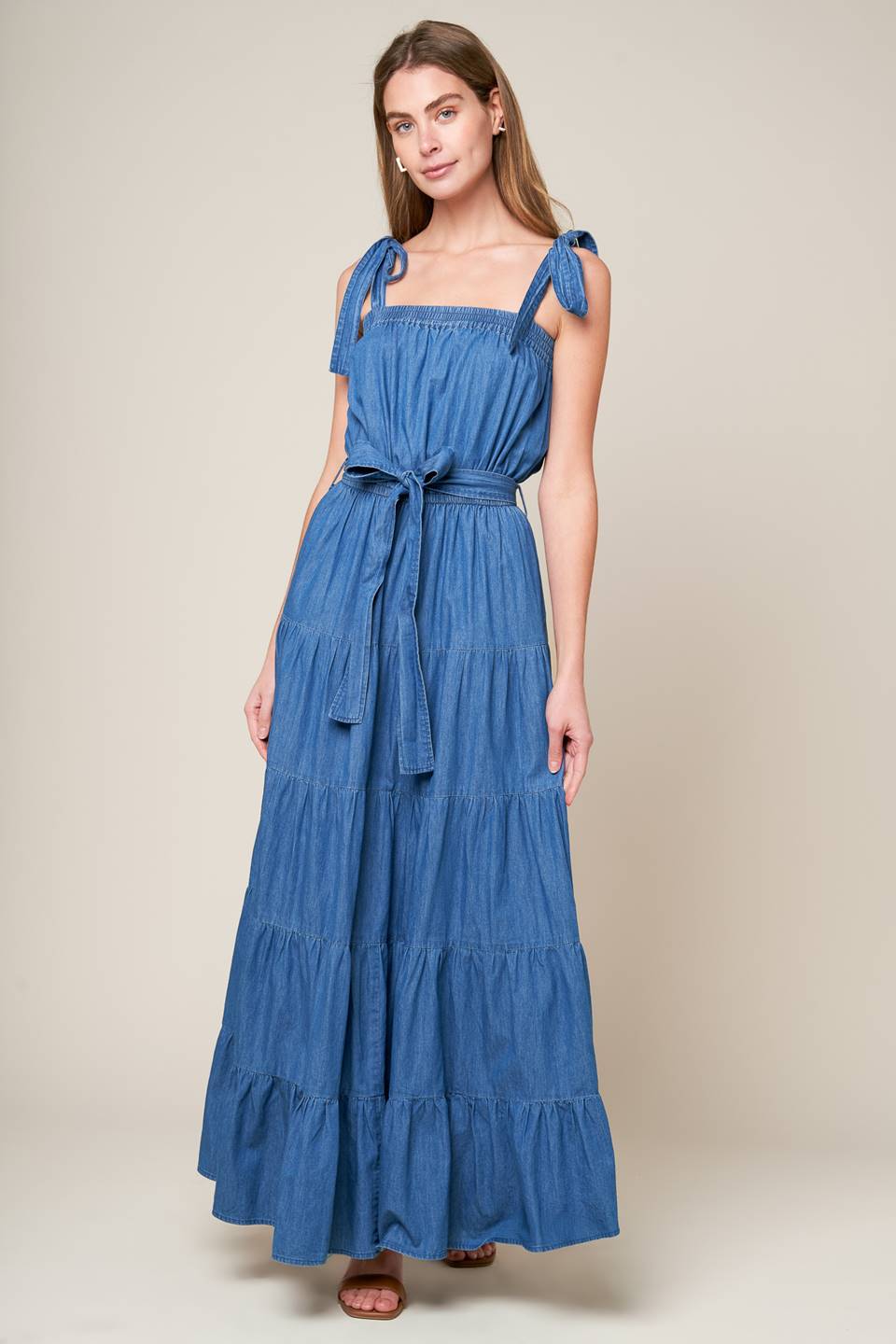 Chic Chambray Tiered Maxi Dress