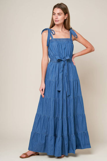 Chic Chambray Tiered Maxi Dress