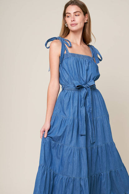 Chic Chambray Tiered Maxi Dress