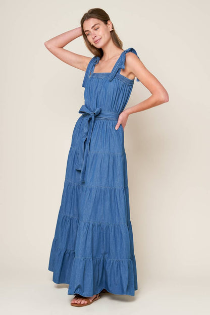 Chic Chambray Tiered Maxi Dress