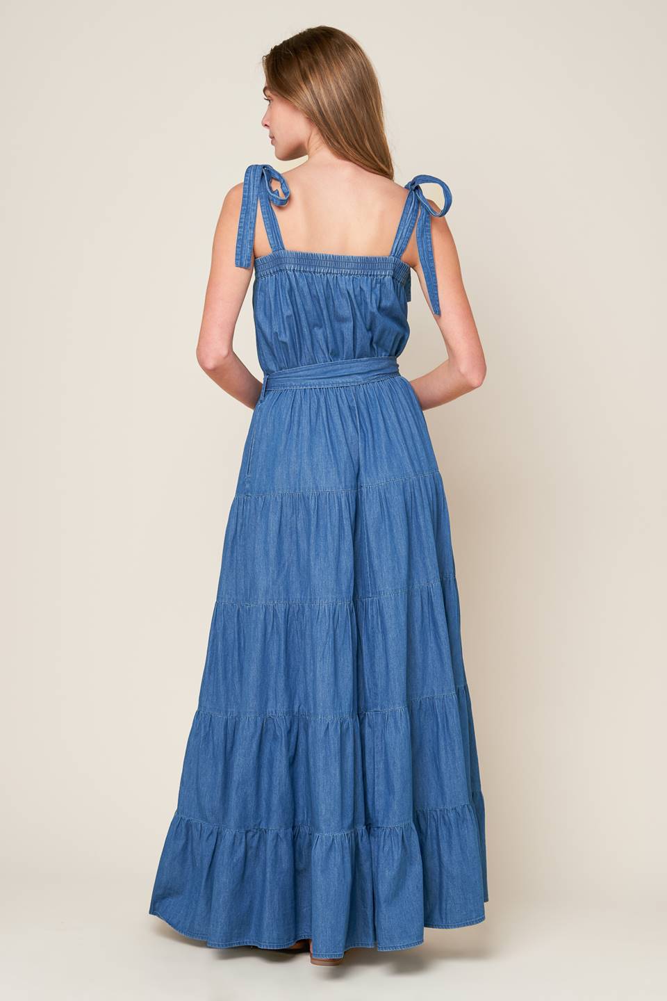 Chic Chambray Tiered Maxi Dress