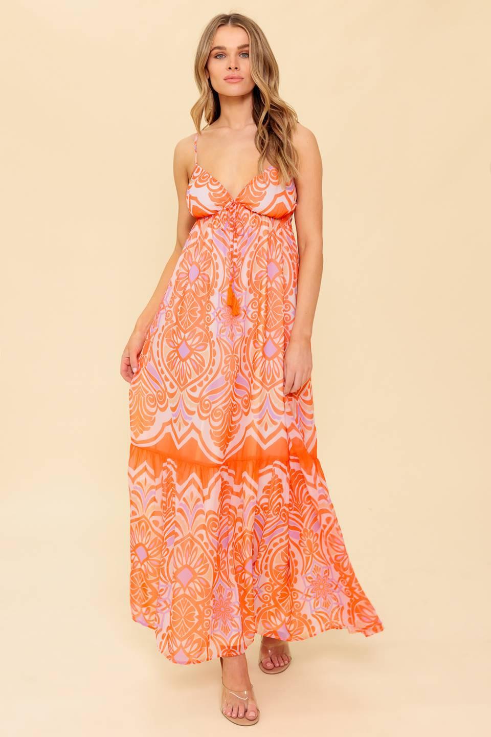 Full view of the Flying Tomato Romance Language coral woven maxi dress, showcasing its elegant flow and quality.