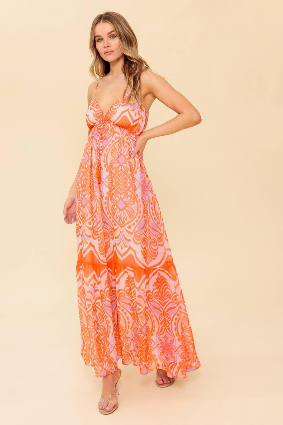 Back view of the Flying Tomato Romance Language coral woven maxi dress, showcasing its refined silhouette and quality apparel